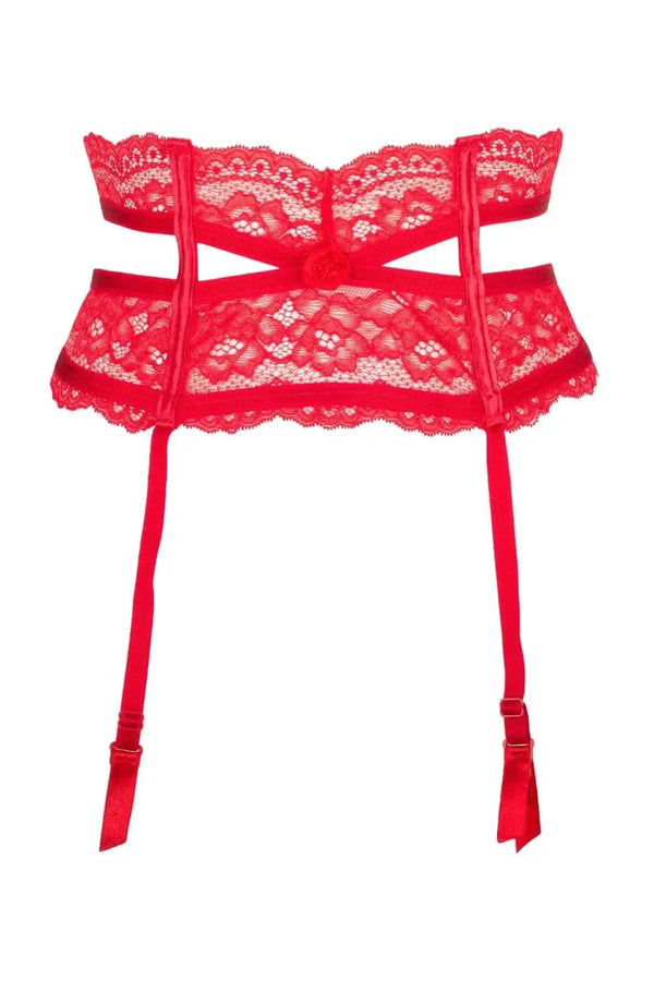 Stunning red lace high-waisted garter belt with unique cut, emphasizing waistline and hips.