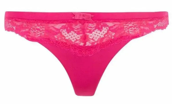 Irresistible hot pink lace thong panty with two-tone lace and a delicate box bow.
