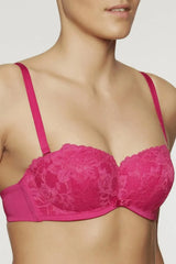 Irresistible fuchsia pink strapless multiway bra with two-tone lace and shiny microfibre fabric.