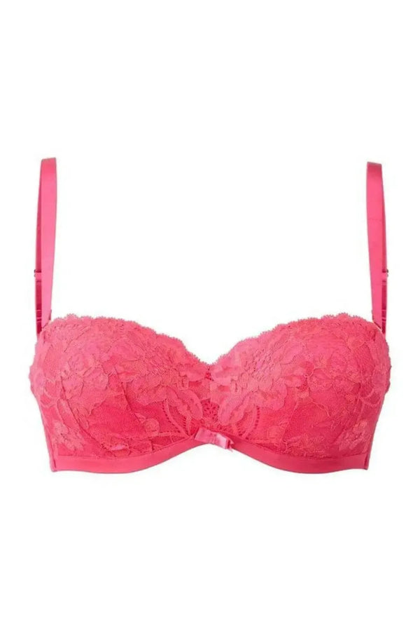Gossard Irresistible hot pink moulded cup strapless multiway bra with two-tone lace and shiny microfibre fabric.
