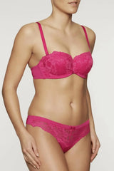 Stunning fuchsia pink lace strapless multiway bra and matching briefs with wide band and gold accessories.