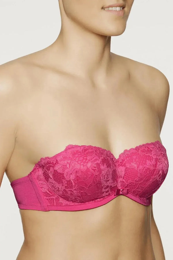 Irresistible fuchsia pink strapless multiway bra with two-tone lace, shine fabric, and gold accessories.