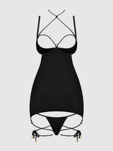 House of Desire Queen Iryna Silky Micro & Rope Open Back Chemise Set Black
