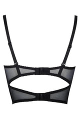 Back view of Axami Isabella Sheer Lotus Longline Bra, black sheer fabric with double hook and eye closure.