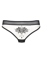 Axami Isabella Sheer Lotus Tanga Thong with delicate black lotus motif on sheer white fabric.