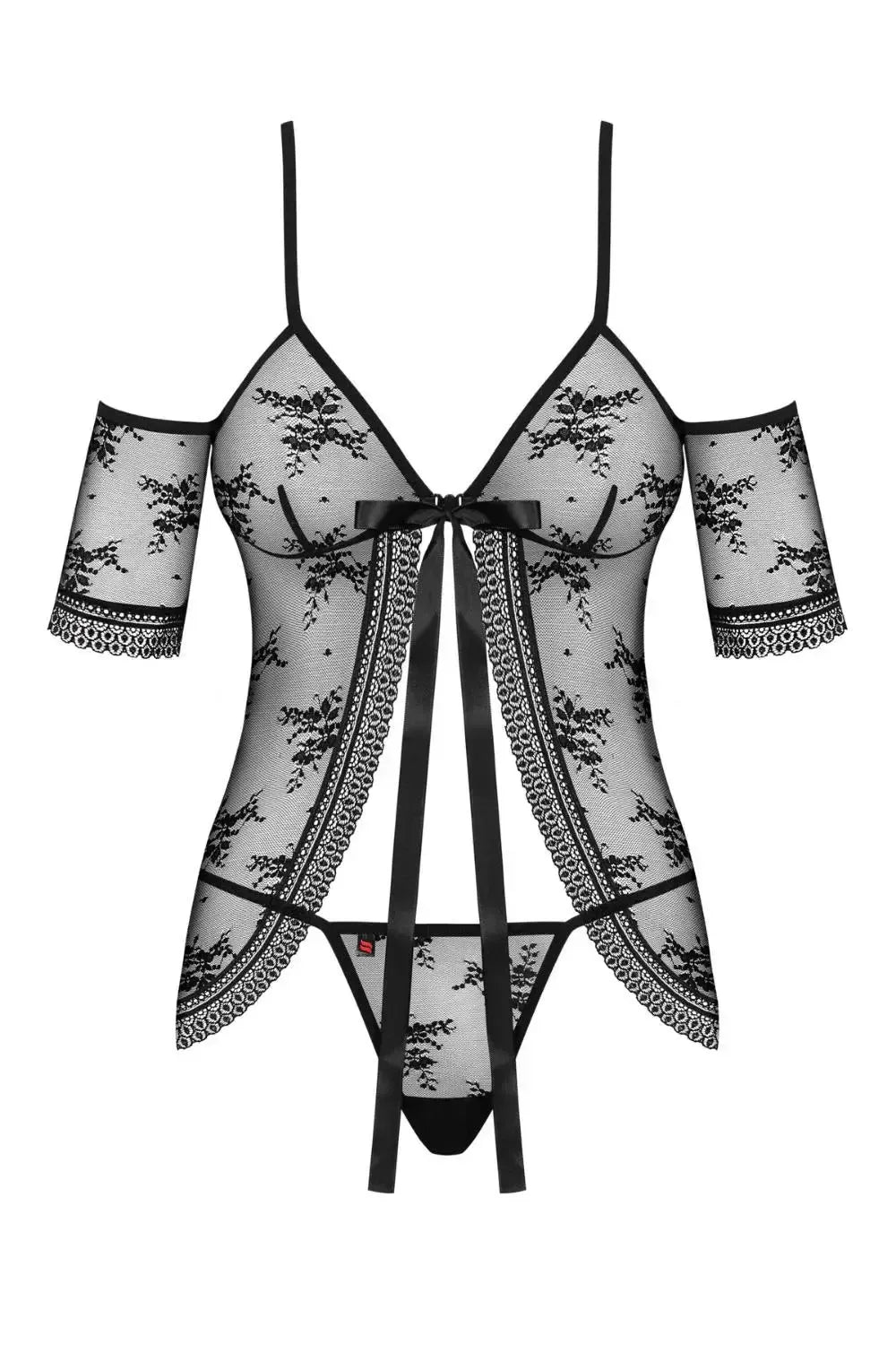 Jennifairy black lace babydoll with open front, satin ribbons, mini-sleeves, and matching thong.