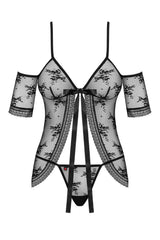 Jennifairy black lace babydoll with open front, satin ribbons, mini-sleeves, and matching thong.