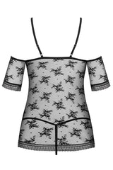 Jennifairy black lace babydoll with open front, mini-sleeves, adjustable straps, and satin ribbons.