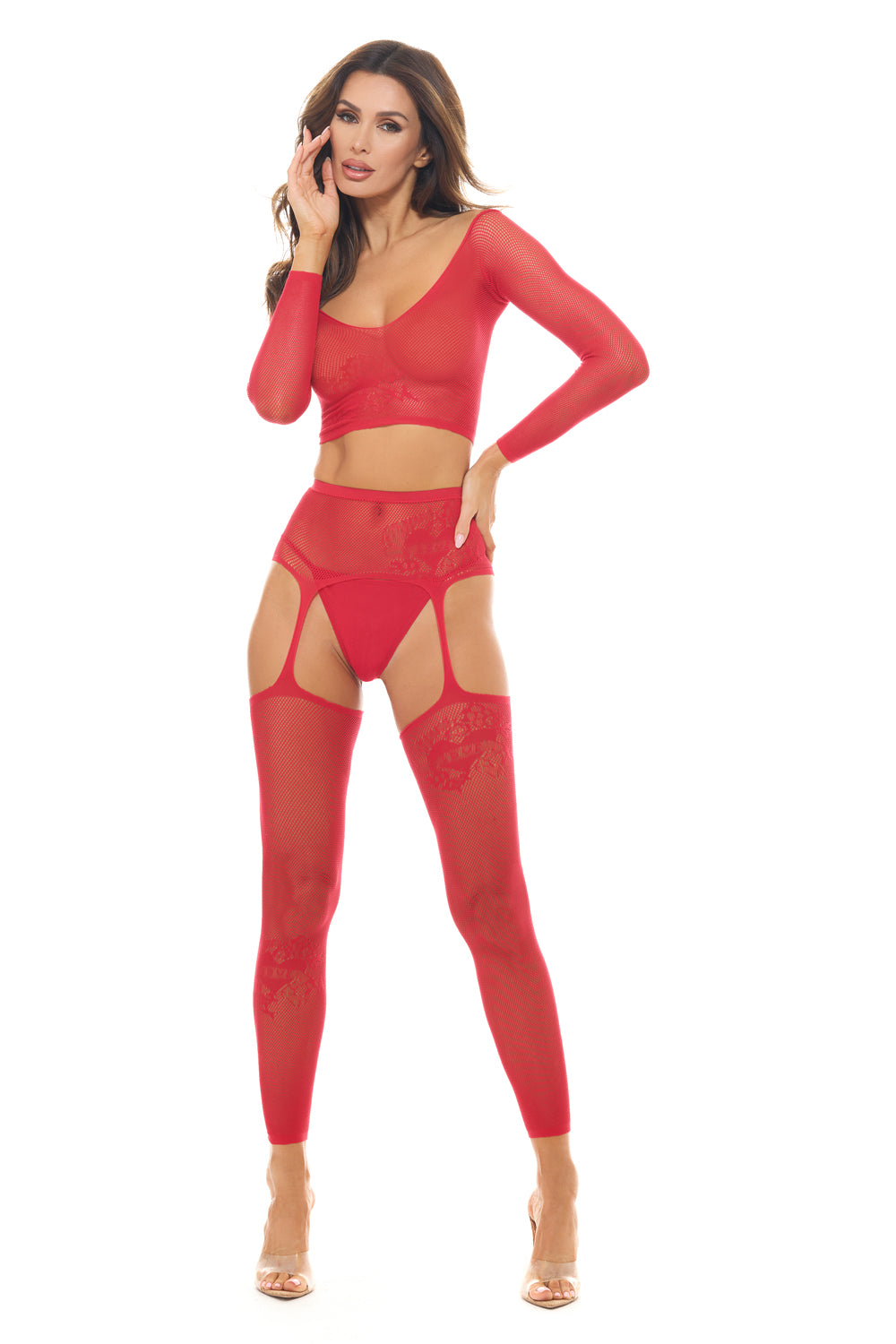 Rene Rofe Permanent Mark Long Sleeve Top and Garter Bodystocking Red