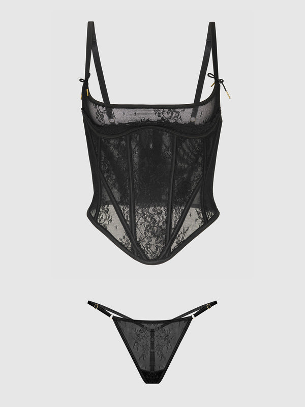House of Desire Jocelyn Cinching Lace Underwire Bustier Set Black