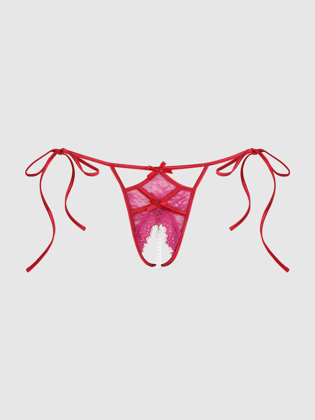 Jocelyn Lace & Pearl Crotchless Bikini Side Ties Red Crimson Raspberry