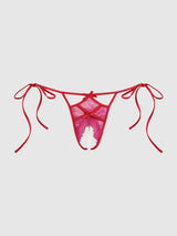 Jocelyn Lace & Pearl Crotchless Bikini Side Ties Red Crimson Raspberry
