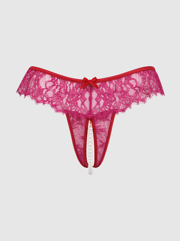 House of Desire Jocelyn Lace & Pearl Crotchless Thong Crimson Red Raspberry