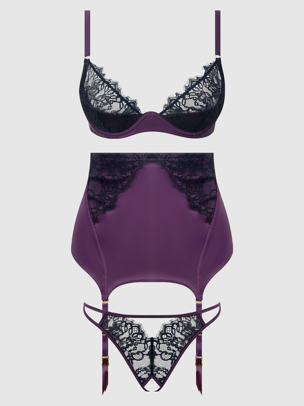 House of Desire Jocelyn Lace & Satin Demi Bra Half Skirt & G-String Bra Set