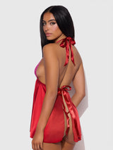 Jocelyn Lace & Satin Drop Off Babydoll Set Crimson Red Raspberry