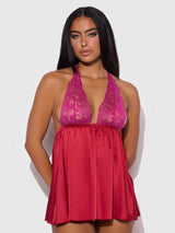 Jocelyn Lace & Satin Drop Off Babydoll Set Crimson Red Raspberry