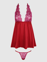 Jocelyn Lace & Satin Drop Off Babydoll Set Crimson Red Raspberry
