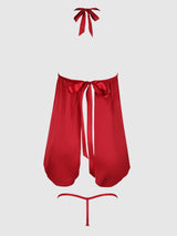 Jocelyn Lace & Satin Drop Off Babydoll Set Crimson Red Raspberry
