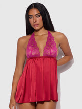 Jocelyn Lace & Satin Drop Off Babydoll Set Crimson Red Raspberry