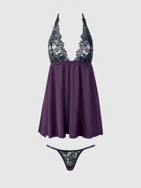 Jocelyn Lace & Satin Drop Off Babydoll Set Purple