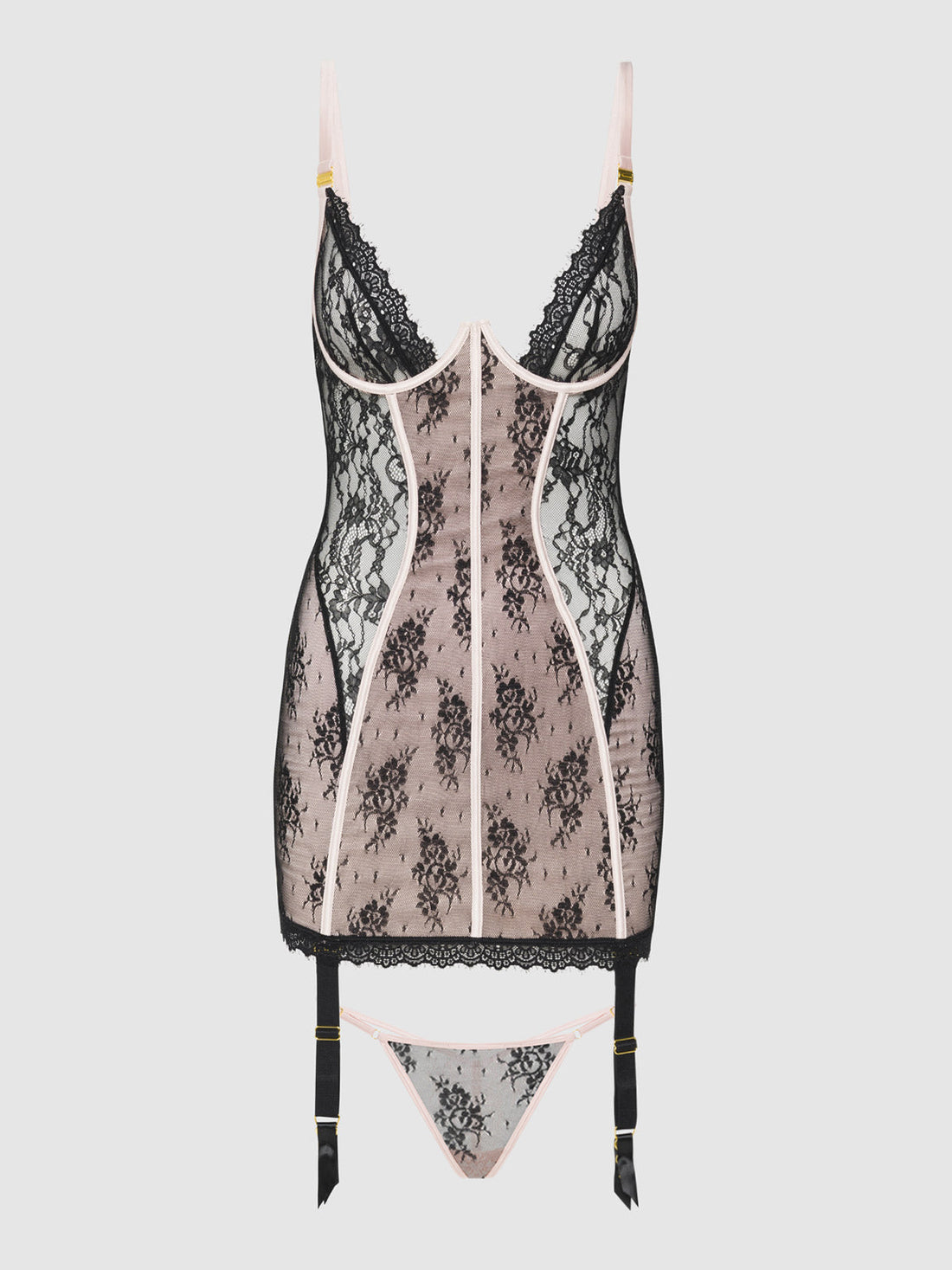 Jocelyn Lace & Satin Garter Chemise & G-String Set