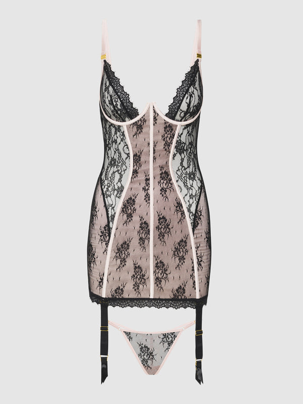 House of Desire Jocelyn Lace & Satin Garter Chemise & G-String Set