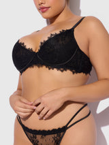 Jocelyn Lace & Satin Push Up Bra Strappy Thong Set Black