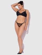 Jocelyn Lace & Satin Push Up Bra Strappy Thong Set Black