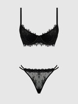 Jocelyn Lace & Satin Push Up Bra Strappy Thong Set Black