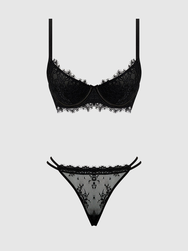 House of Desire Jocelyn Lace & Satin Push Up Bra Strappy Thong Set Black
