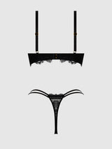 Jocelyn Lace & Satin Push Up Bra Strappy Thong Set Black