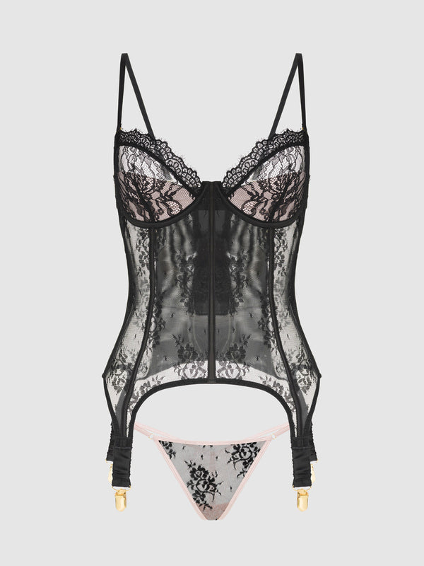 House of Desire Jocelyn Lace & Satin Underwire Corset & G-String Set