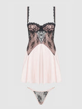 Jocelyn Satin & Lace Babydoll Set Black/Light Pink
