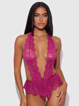 Jocelyn Satin & Lace Drop Off Crotchless Teddy Crimson Red Raspberry