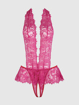 Jocelyn Satin & Lace Drop Off Crotchless Teddy Crimson Red Raspberry