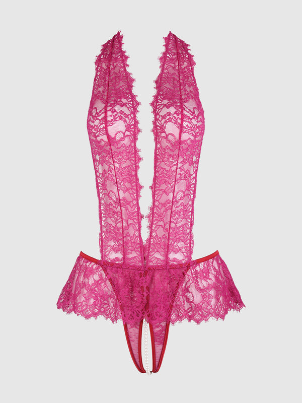 House of Desire Jocelyn Satin & Lace Drop Off Crotchless Teddy Crimson Red Raspberry