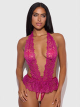 Jocelyn Satin & Lace Drop Off Crotchless Teddy Crimson Red Raspberry