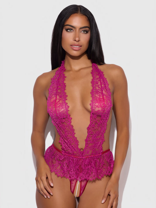 House of Desire Jocelyn Satin & Lace Drop Off Crotchless Teddy Crimson Red Raspberry
