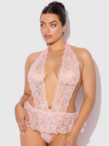House of Desire Queen Jocelyn Satin & Lace Drop Off Crotchless Teddy Light Pink