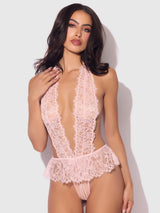House of Desire Queen Jocelyn Satin & Lace Drop Off Crotchless Teddy Light Pink
