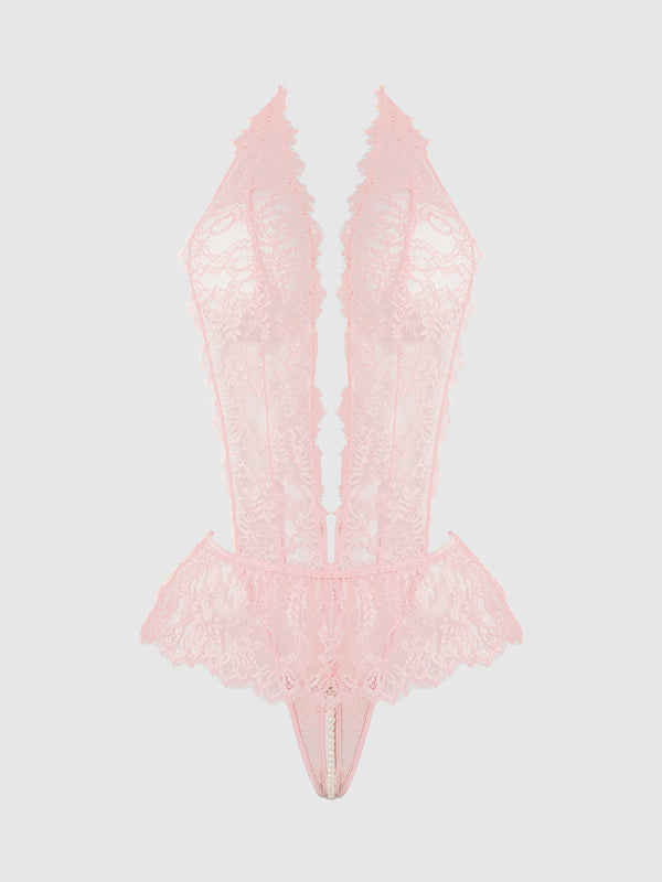 House of Desire Jocelyn Satin & Lace Drop Off Crotchless Teddy Light Pink