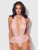 Jocelyn Satin & Lace Drop Off Crotchless Teddy Light Pink