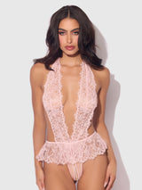 House of Desire Queen Jocelyn Satin & Lace Drop Off Crotchless Teddy Light Pink