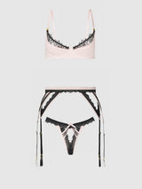 Jocelyn Satin & Lace Garter Push-Up Bra Set Pink
