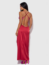 Jocelyn Satin & Lace Long High Slit Gown Crimson Red Raspberry
