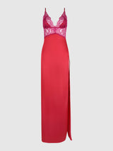 Jocelyn Satin & Lace Long High Slit Gown Crimson Red Raspberry