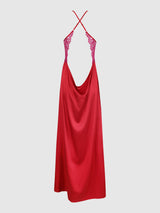 Jocelyn Satin & Lace Long High Slit Gown Crimson Red Raspberry