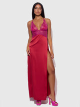 Jocelyn Satin & Lace Long High Slit Gown Crimson Red Raspberry
