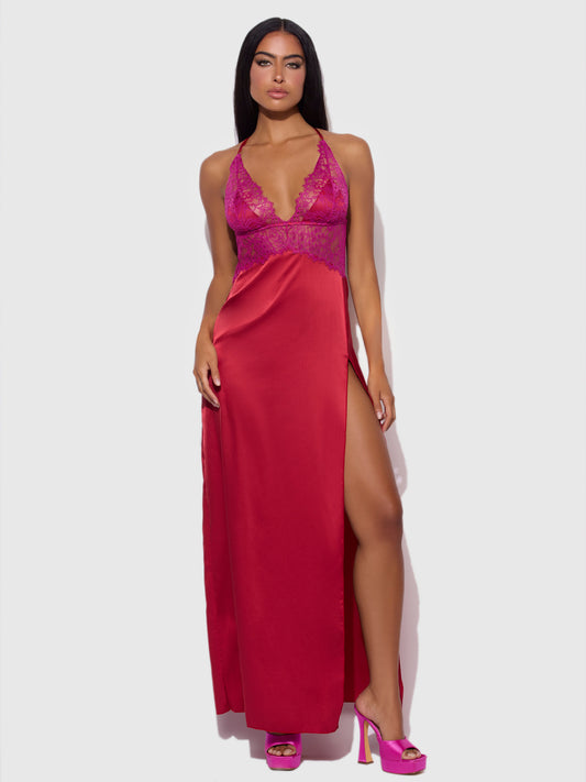 House of Desire Jocelyn Satin & Lace Long High Slit Gown Crimson Red Raspberry
