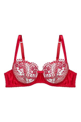 Dita Von Teese Julie's Roses red sheer mesh unlined bra with embroidered roses and satin band.